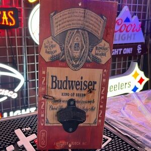 Budweiser beer Bottle Opener hand made wall mounted man cave 12”x5.5”